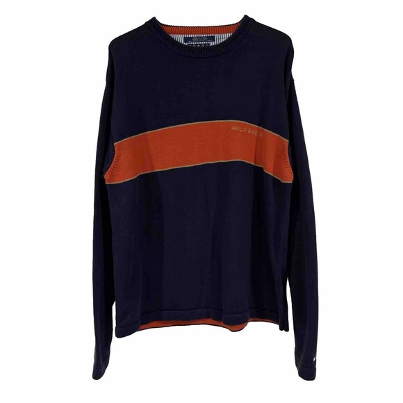 Tommy Hilfiger Sweater Tommy Spell Out On Chest Mens Size Large Orange Blue - Picture 1 of 7
